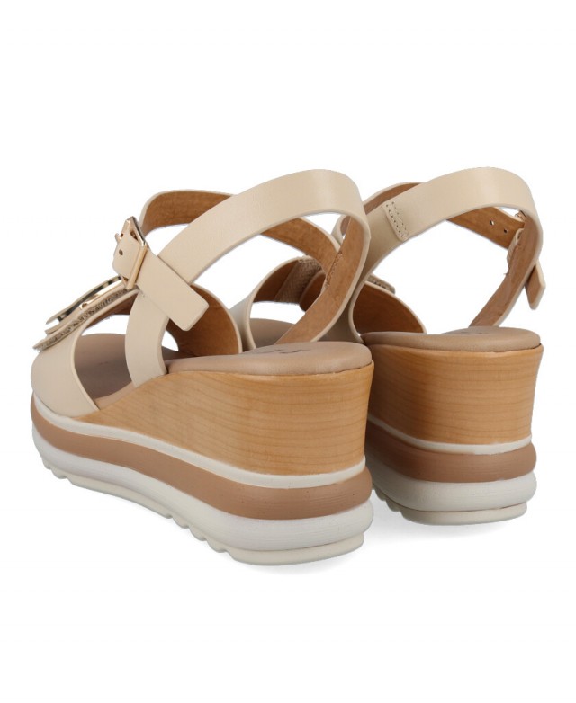 ALM. MARCH WEDGE SANDALS （Beige） The Elastic Dual Band Low Wedge Sandal in Beige Linen