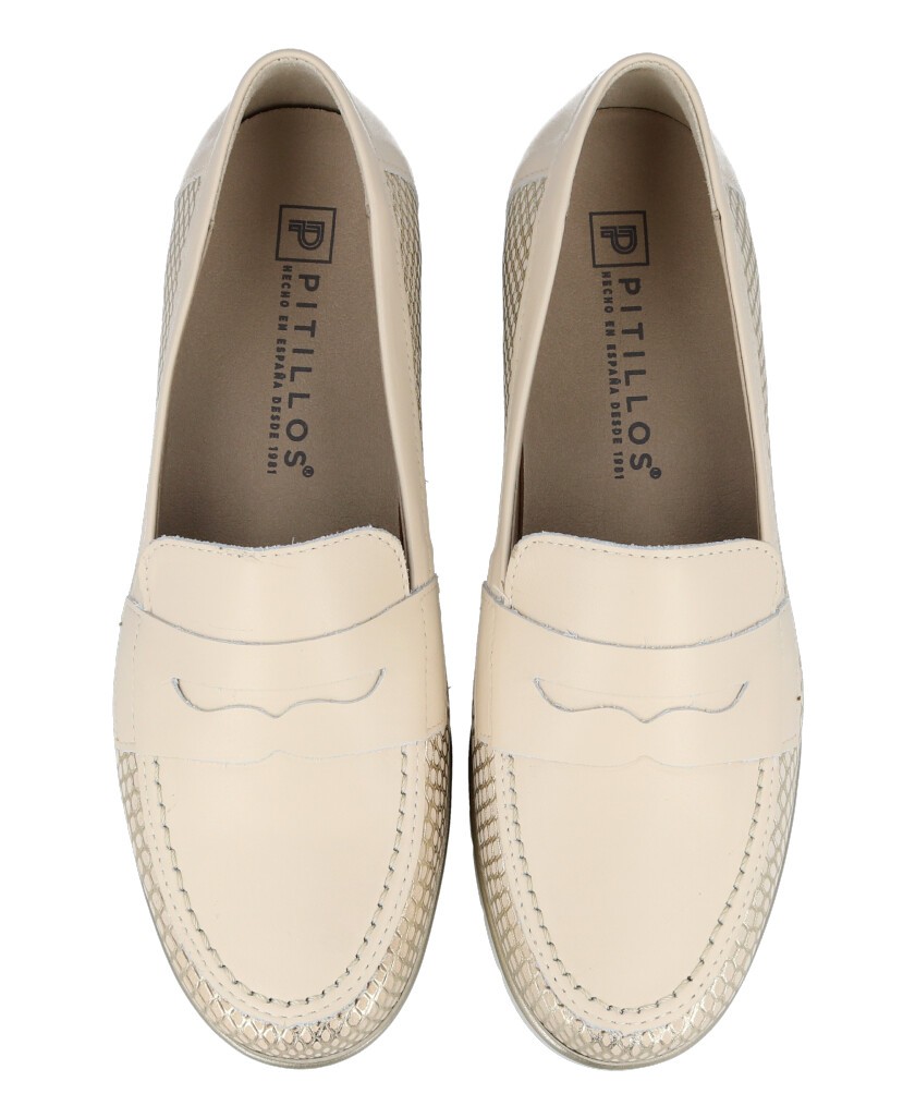 Mocasín beige metalizado para mujer Pitillos 10320