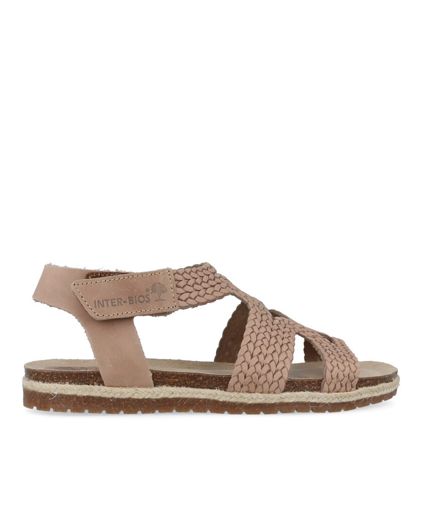 Beige Braided Sandal with Velcro Interbios 2200