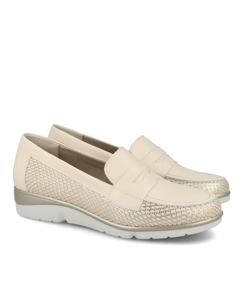 Mocasín beige metalizado para mujer Pitillos 10320