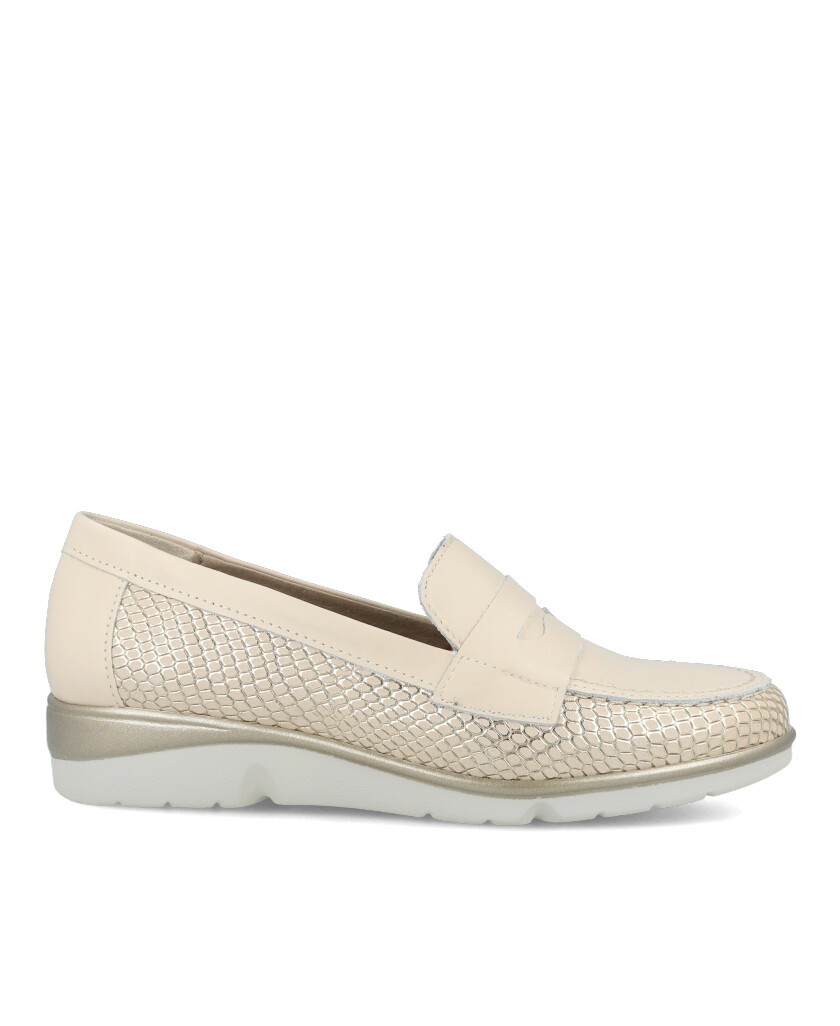 Mocasín beige metalizado para mujer Pitillos 10320