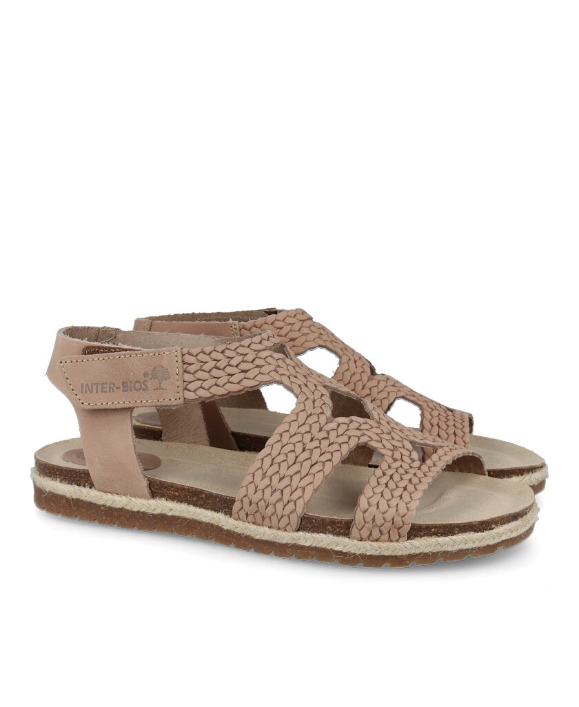 Beige Braided Sandal with Velcro Interbios 2200