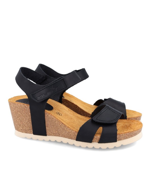 Interbios 5611 Black leather wedge sandals