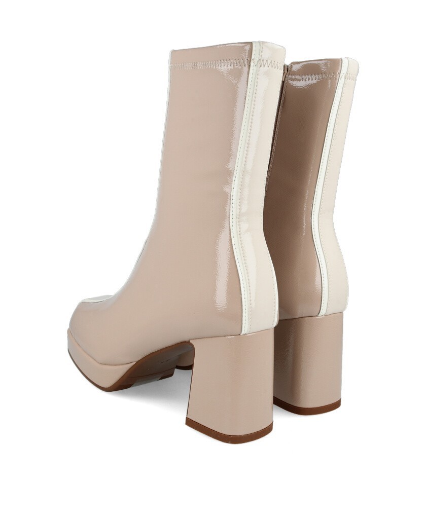 beige patent leather ankle boots