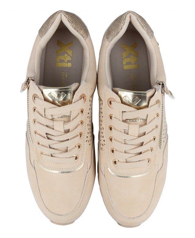 Women's beige die-cut lace-up sneakers Xti 142234